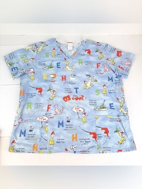 Dr. Seuss Blue Scrub Top Womens XL Illustrated Text From Books V Neck 2 Pockets